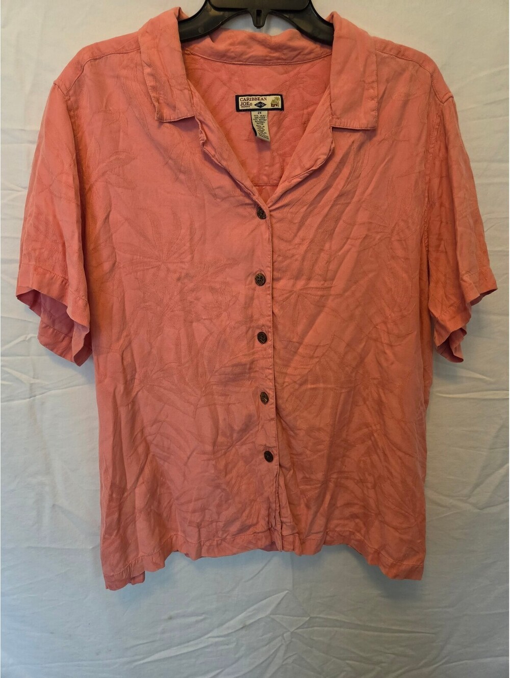 Caribbean Joe Women's 2X Button-Up Short Sleeve Shirt, Pink Silk Blend